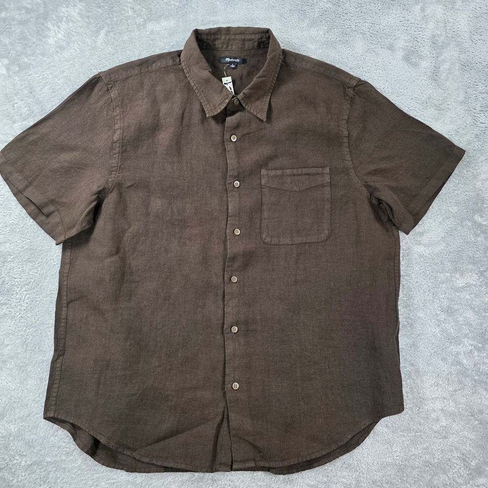 Madewell Allday Short Sleeve Shirt 100% Linen Button Down Chocolate Large Summer